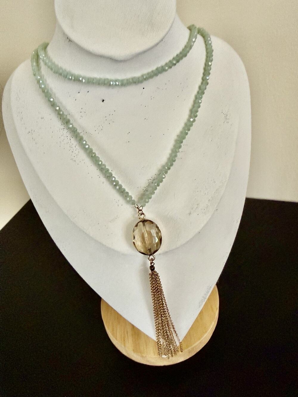 Long Tassel Necklace Translucent Aqua Blue Fire Polished Czech Beads 32”